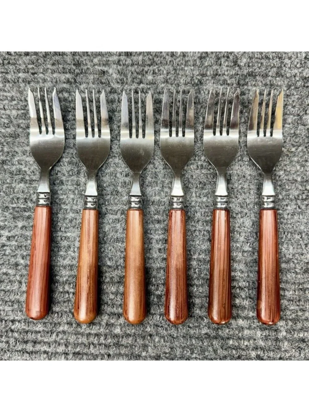 Faberware Silverware Lot Of 6 Small Forks Faux Wood Brown Handle Child Vintage
